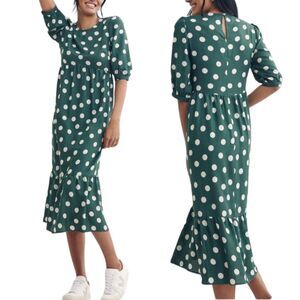 Nobody's Child Midi Dress Womens 8 Green Polka Dot Elbow Sleeve Pleated A-Line